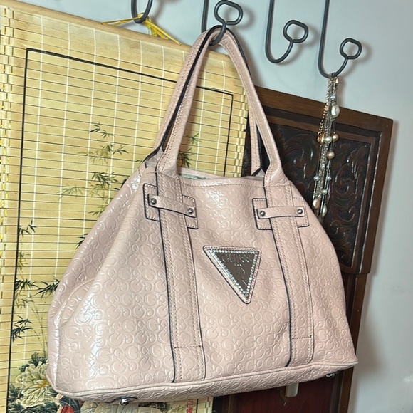 GUESS Soft Dusty Pink Tote Bag Silver Triangle Rhinestones 15.5”Lx9.5”Hx6.5”W - Picture 3 of 17